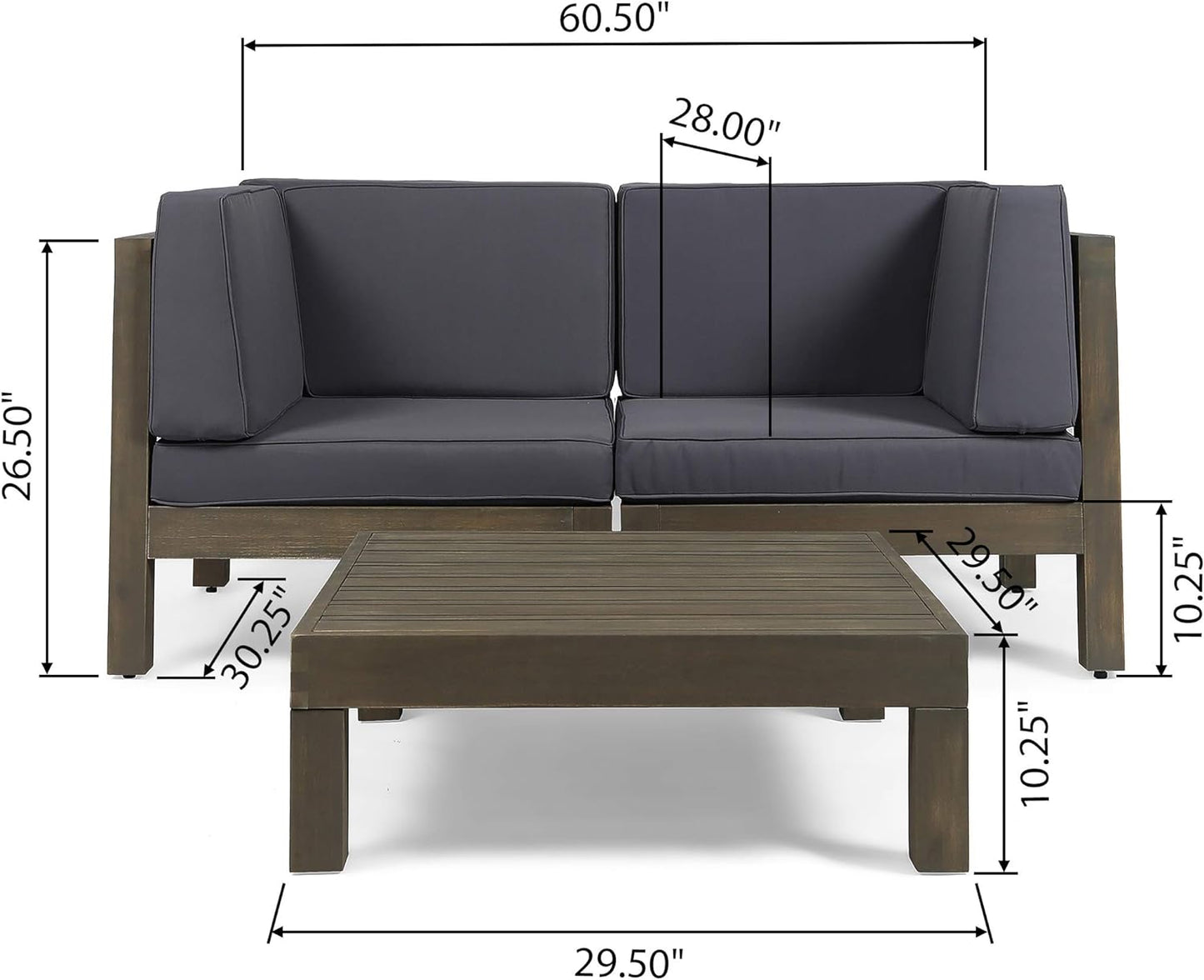 OANA 3-Piece Love Seat Set with Coffee Table, Dark