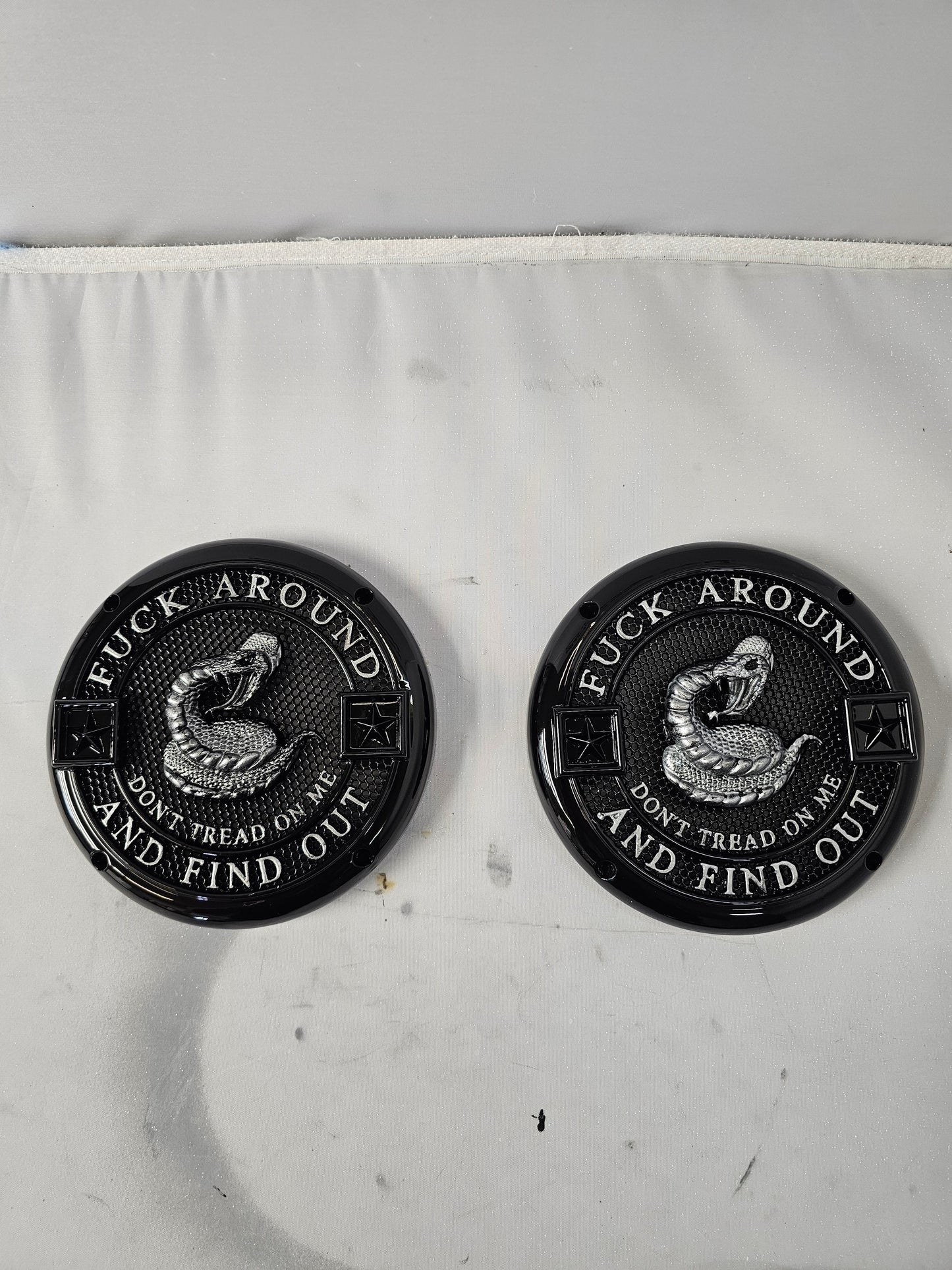 4 hole round 3D Don't Tread on Me speaker grill covers set