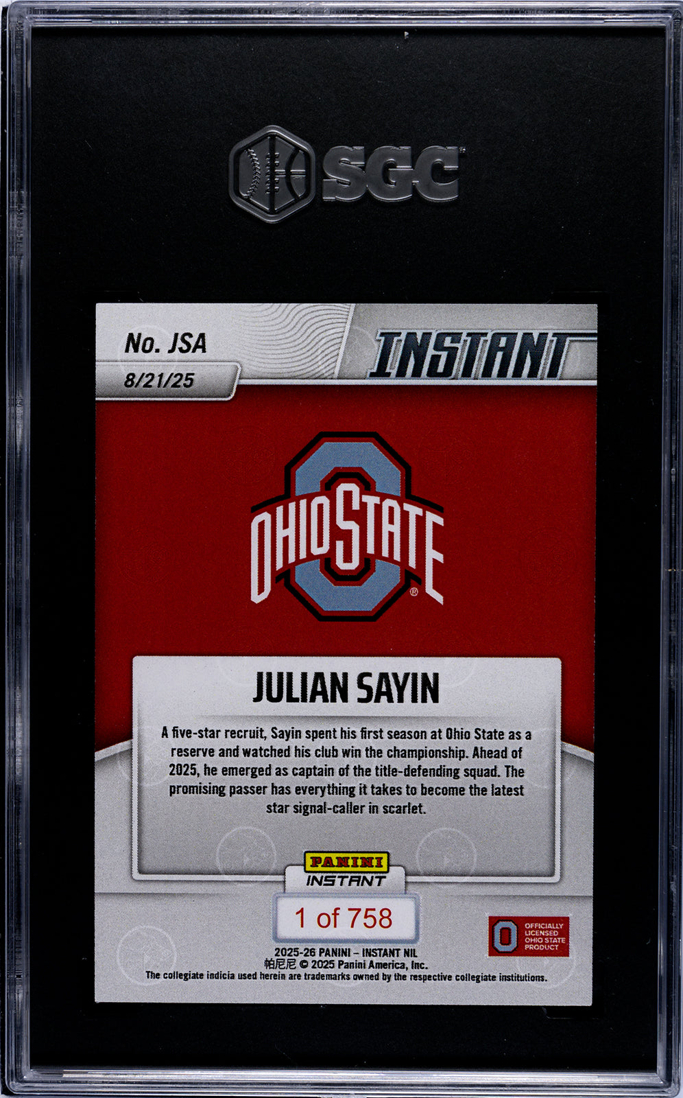 Graded 2025 Panini Instant NIL Julian Sayin #JSA Rookie RC Football Card SGC 9.5 Mint+