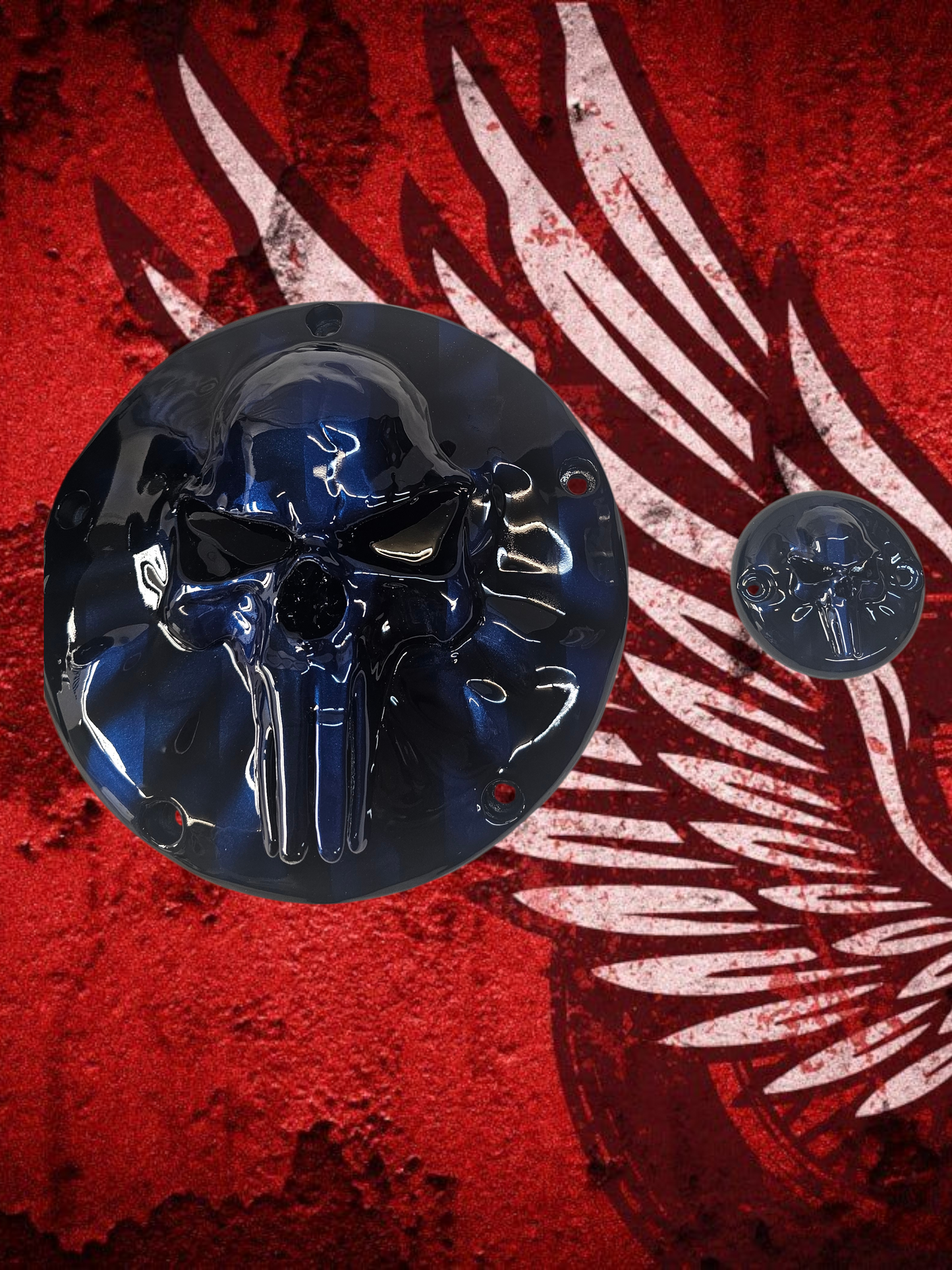 Punisher skull stretching through flag Harley derby cover