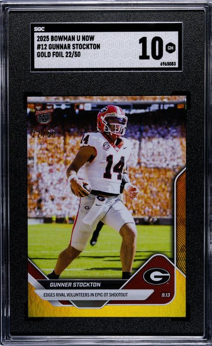 Graded 2025 Topps Bowman U Now Gunner Stockton #12 Gold Foil /50 Rookie RC Football Card SGC 10 Gem Mint