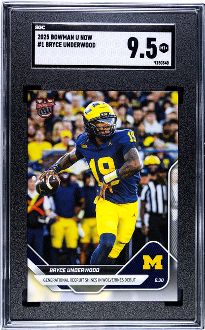 Graded 2025 Topps Bowman U Now Bryce Underwood #1 Generational Recruit Shines in Wolverines Debut Rookie RC Football Card SGC 9.5 Mint+