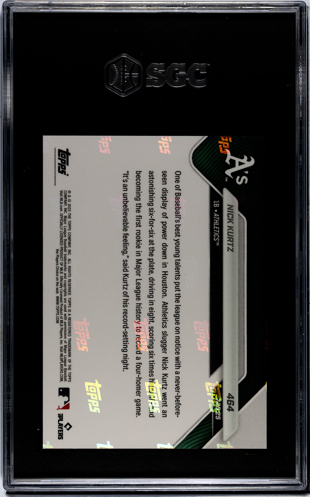 Graded 2025 Topps Now Nick Kurtz #464 1st Rookie in MLB History With a Four Homer Game Rookie RC Baseball Card SGC 9 Mint