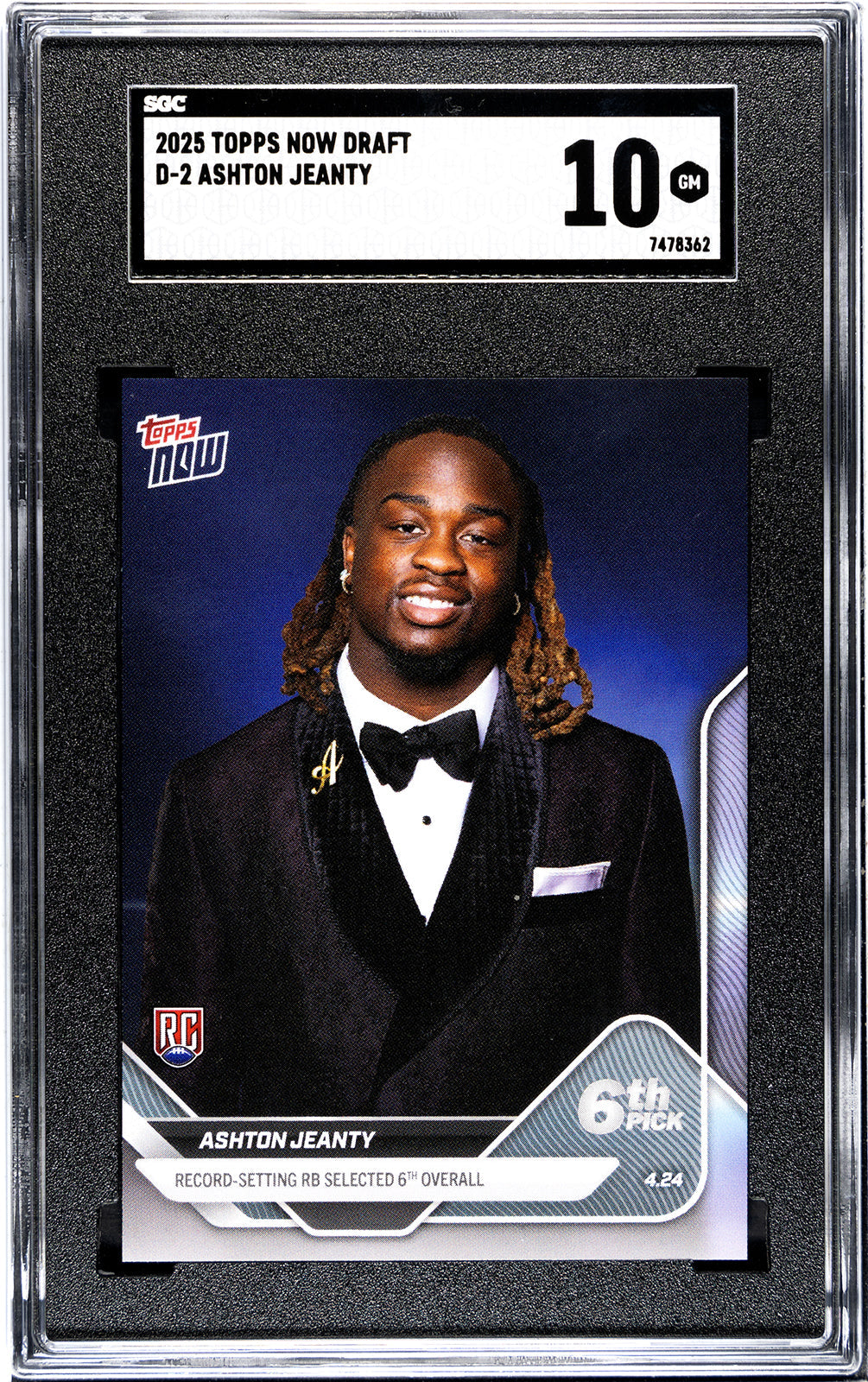 Graded 2025 Topps Now Ashton Jeanty #D2 Record Setting RB Selected 6th Overall Rookie RC Football Card SGC 10 Gem Mint