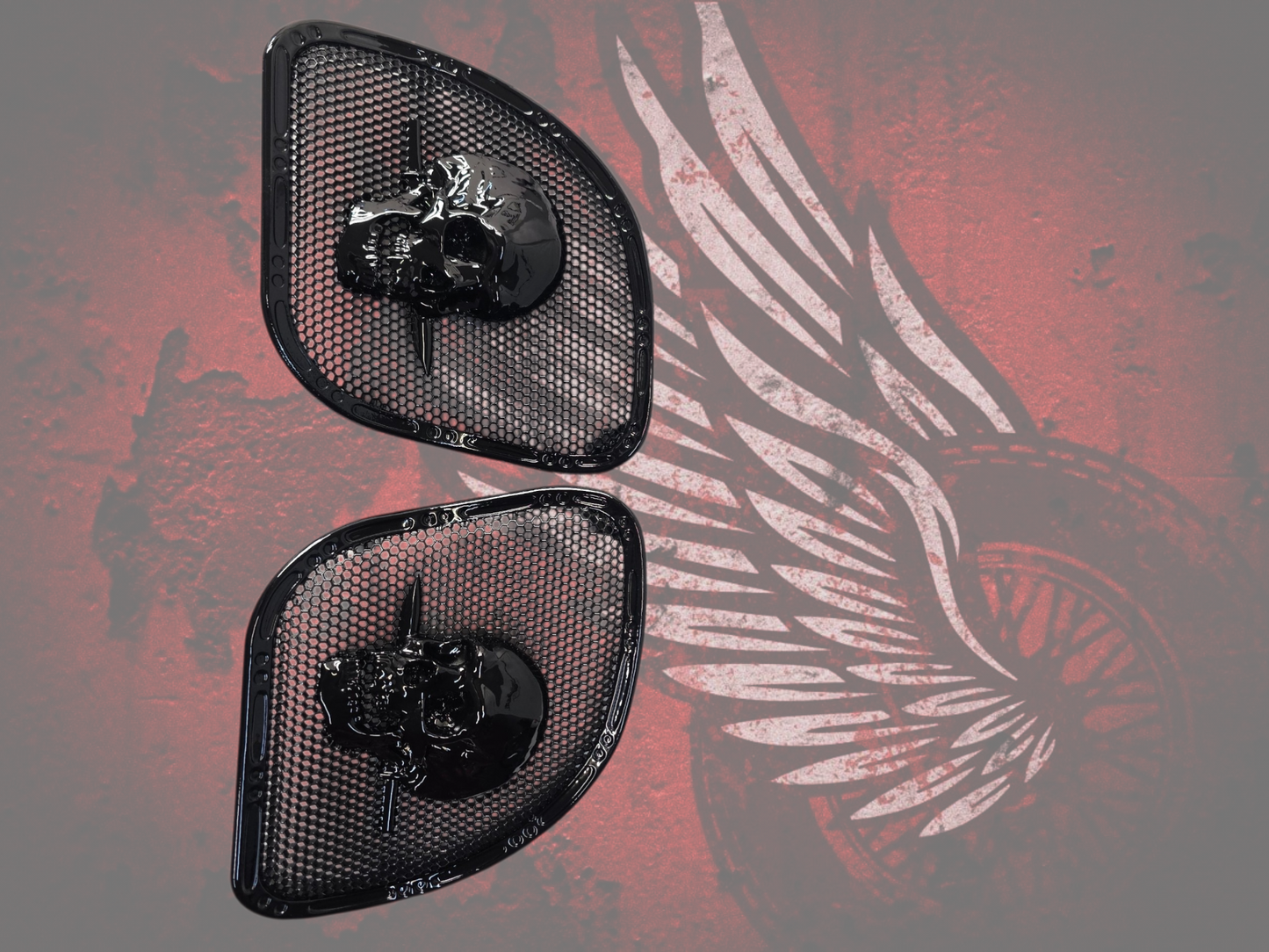 98 to 2024+ Road Glide 3D skull and dagger speakers grill covers set