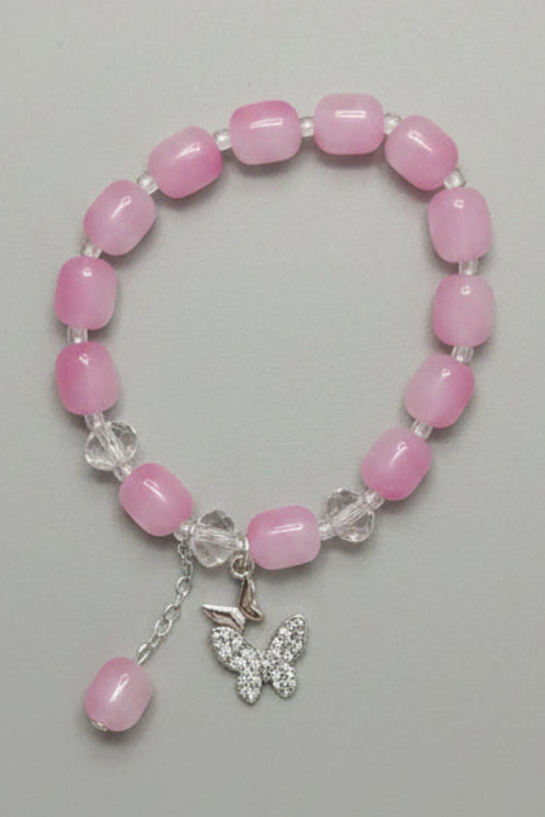 Boho Pink Beaded Stretch Bracelet With Sparkling Butterfly Charm