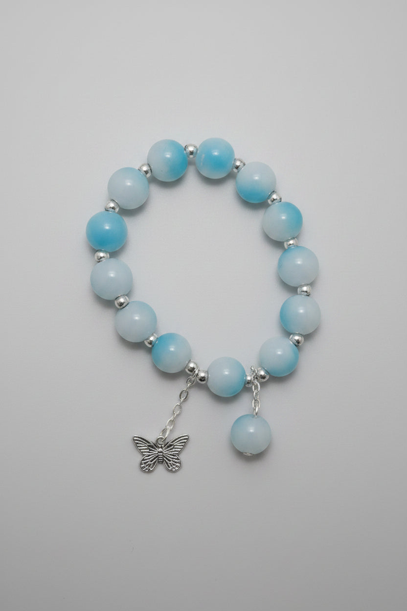 Boho Blue and White Beaded Elastic Butterfly Charm Bracelet