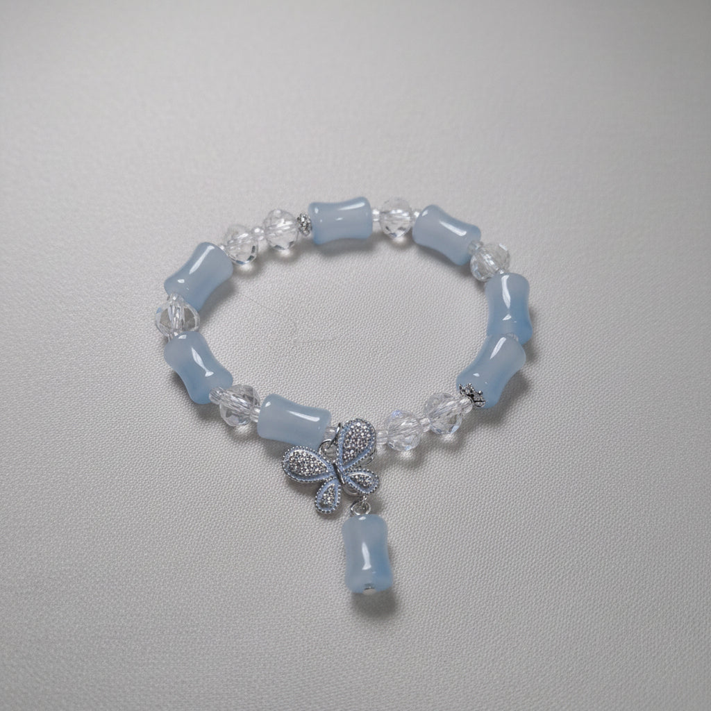 Boho Blue Beads Elastic Butterfly Charm Bracelet