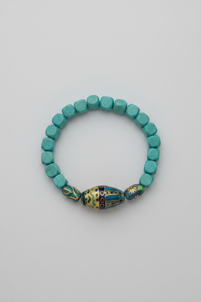 Blue Wooden and Blue Plastic Beaded Elastic Bracelet