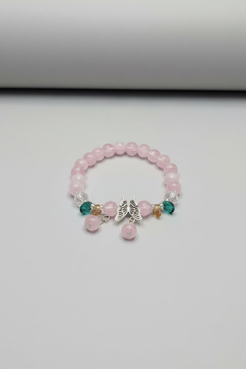 Boho Pink Glass Bead Bracelet With Butterfly Charm