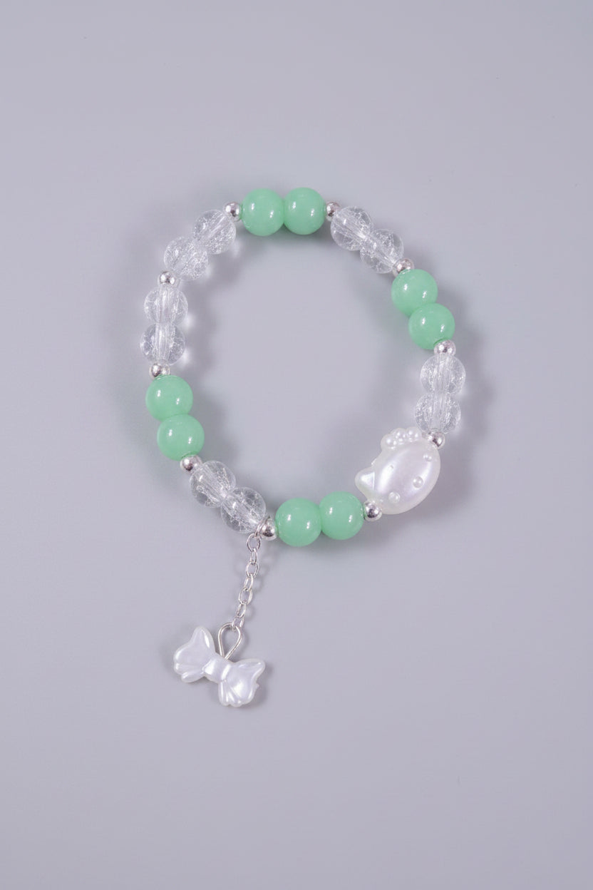 Boho Green and Clear Glass Beads with Cat Bead and Bow Charm