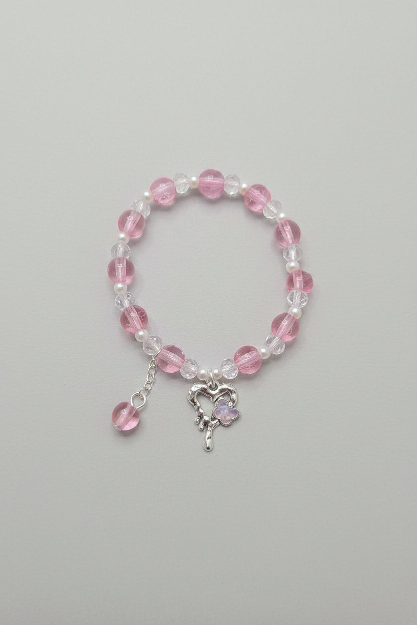 Boho Pink Glass Bracelet With Heart Charm