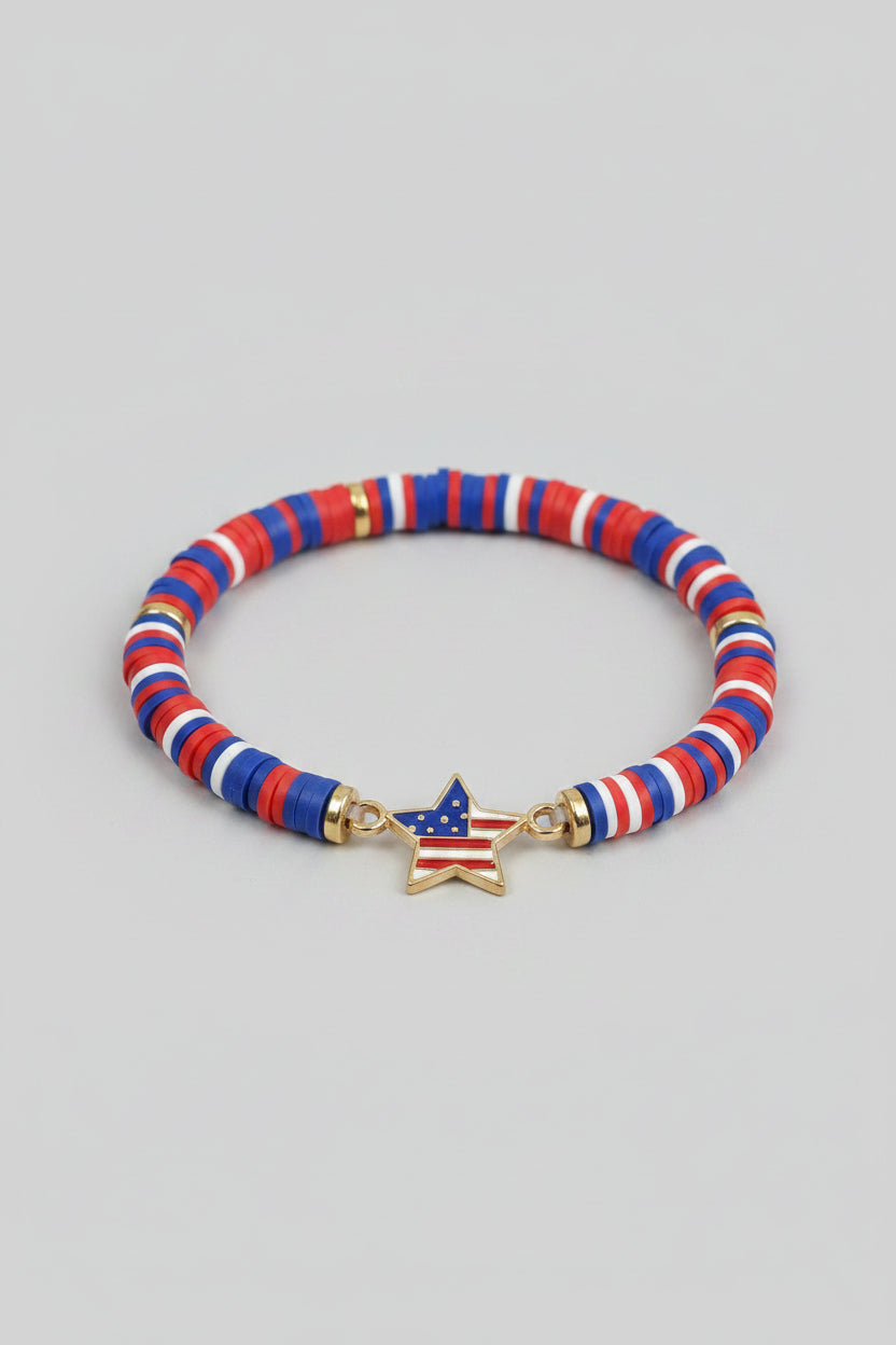 USA American Flag Star Charm Red White and Blue Beads Elastic Bracelet