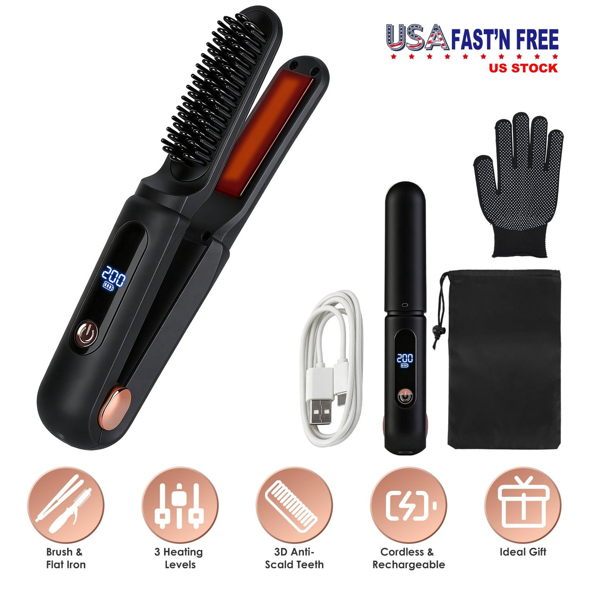 Cordless Hair Straightener Brush 2-in-1 Ceramic Flat Iron