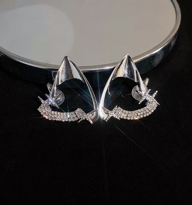 Silver Elven Ear Cuff Earrings | Shooting Star Crawler Studs with Pave Zirconia | Gothic Fairy Wing Jewelry | Celestial Wrap Studs for Women