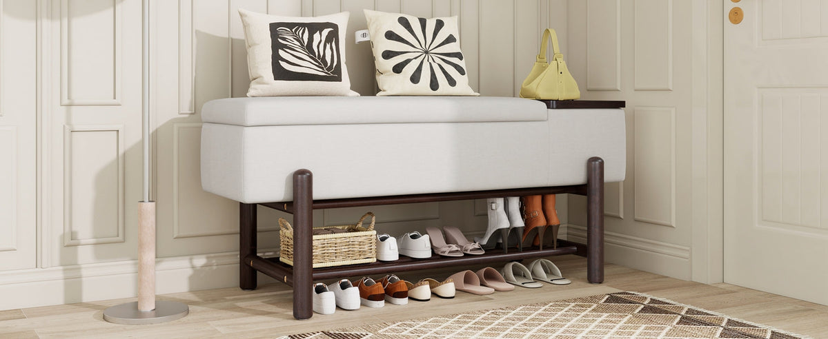 TREXM Farmhouse Upholstered Storage Bench with Hidden Compartment - Espresso