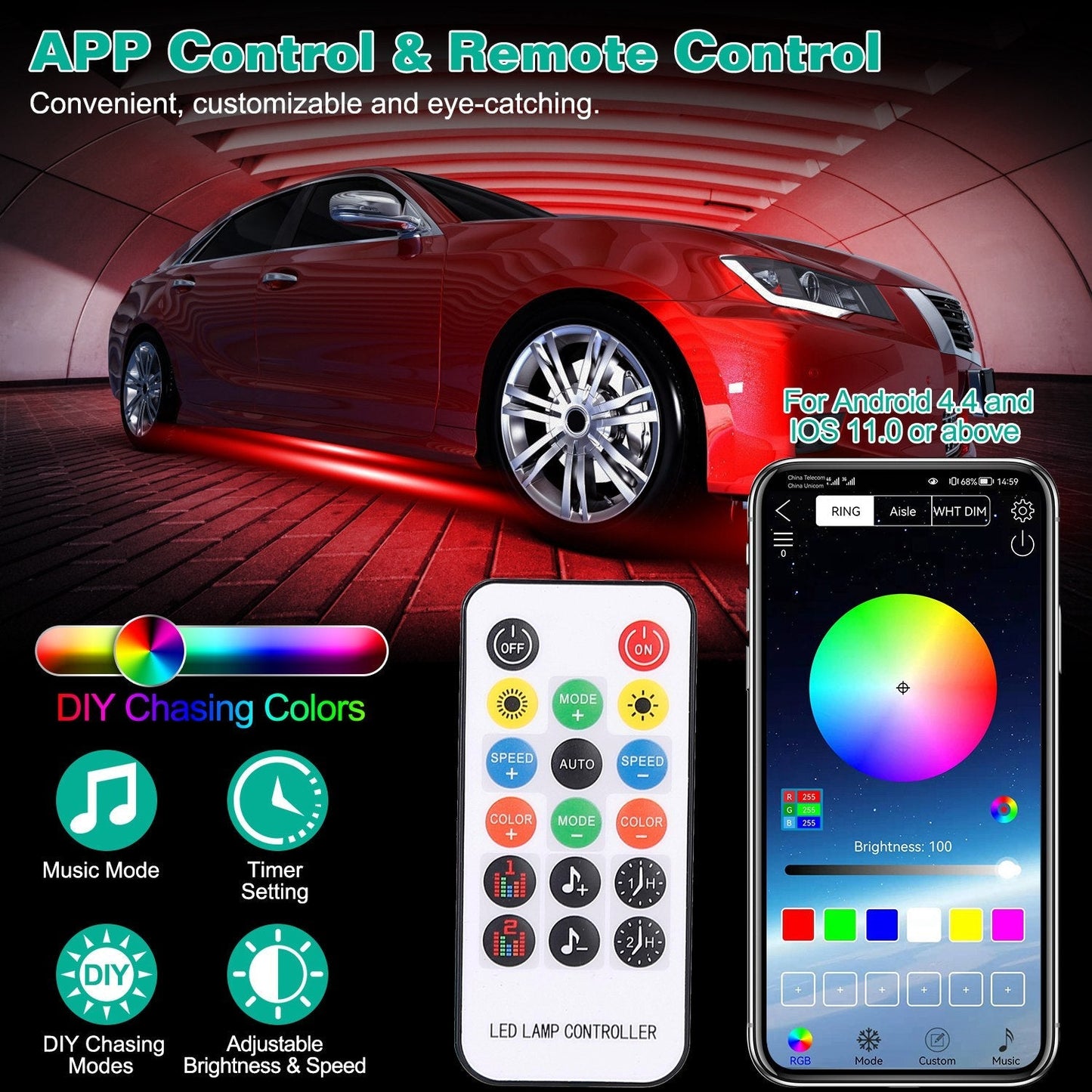 Waterproof RGB Underglow LED Strip Remote App Control Car Underbody Light Music Control Exterior Underbody Lights DC 12V