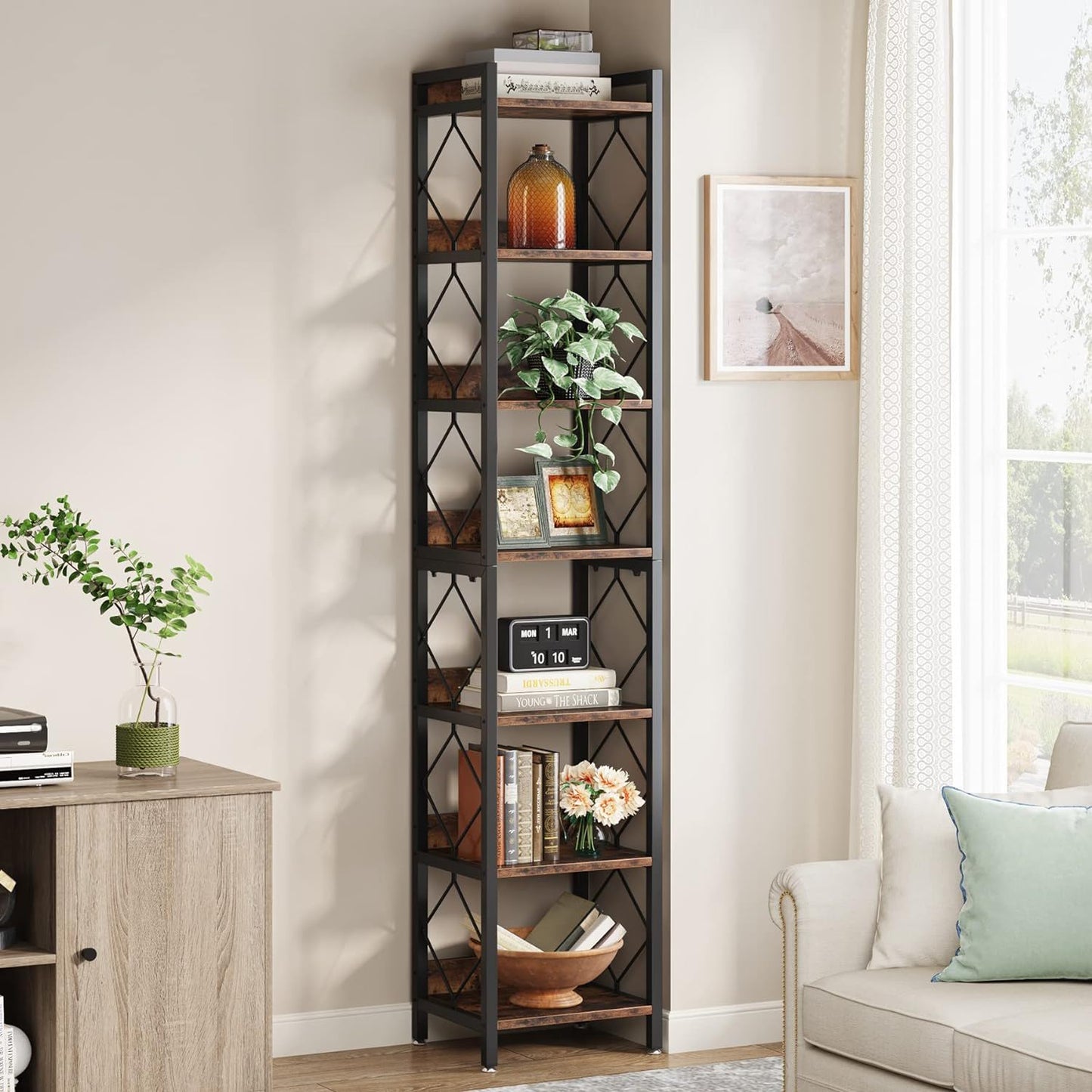 Extra Tall 7 Tier Narrow Corner Bookshelf Storage Display Rack For Living Room - Rustic Brown