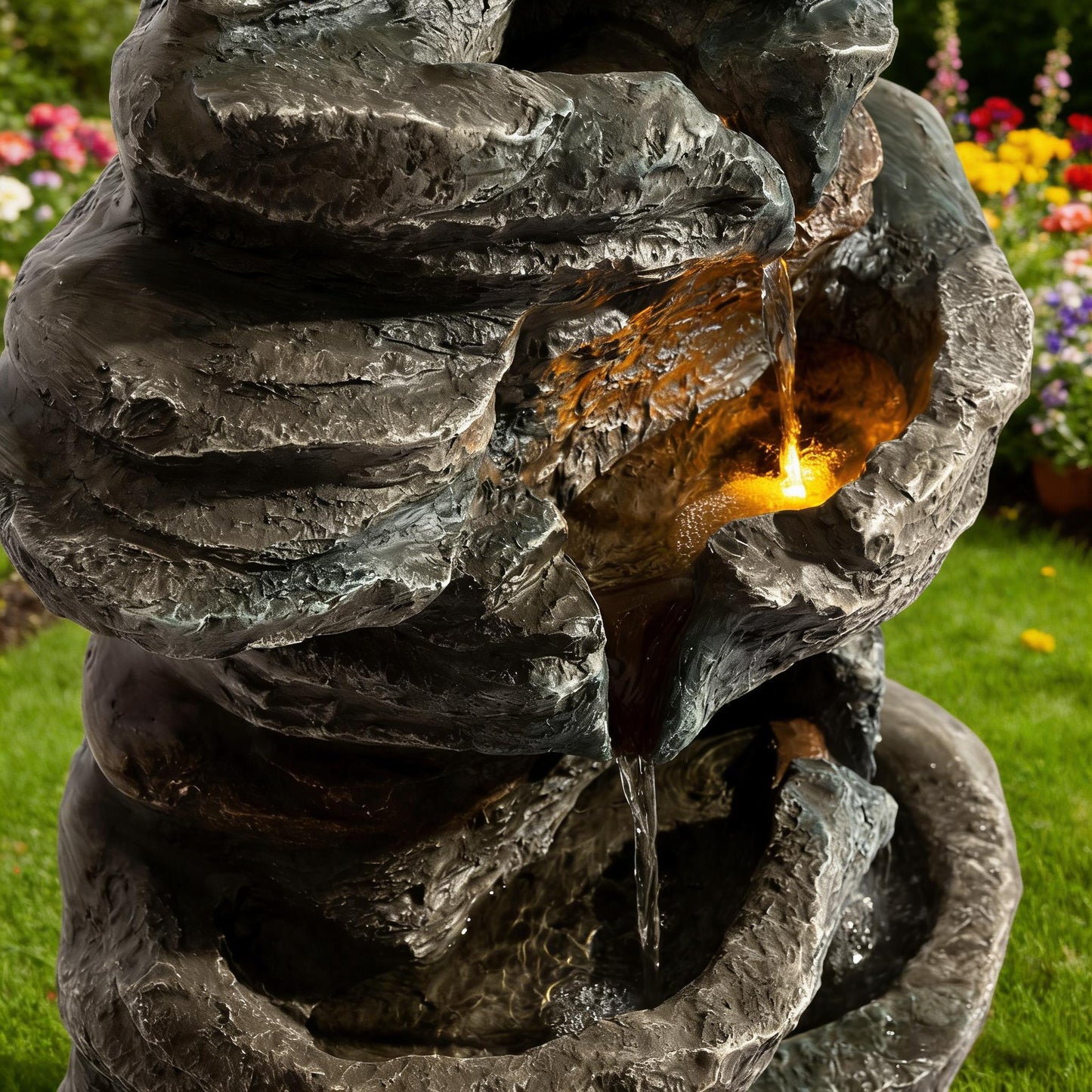 6-Tier Outdoor Cascading Stone Water Fountain with 3 LED Lights