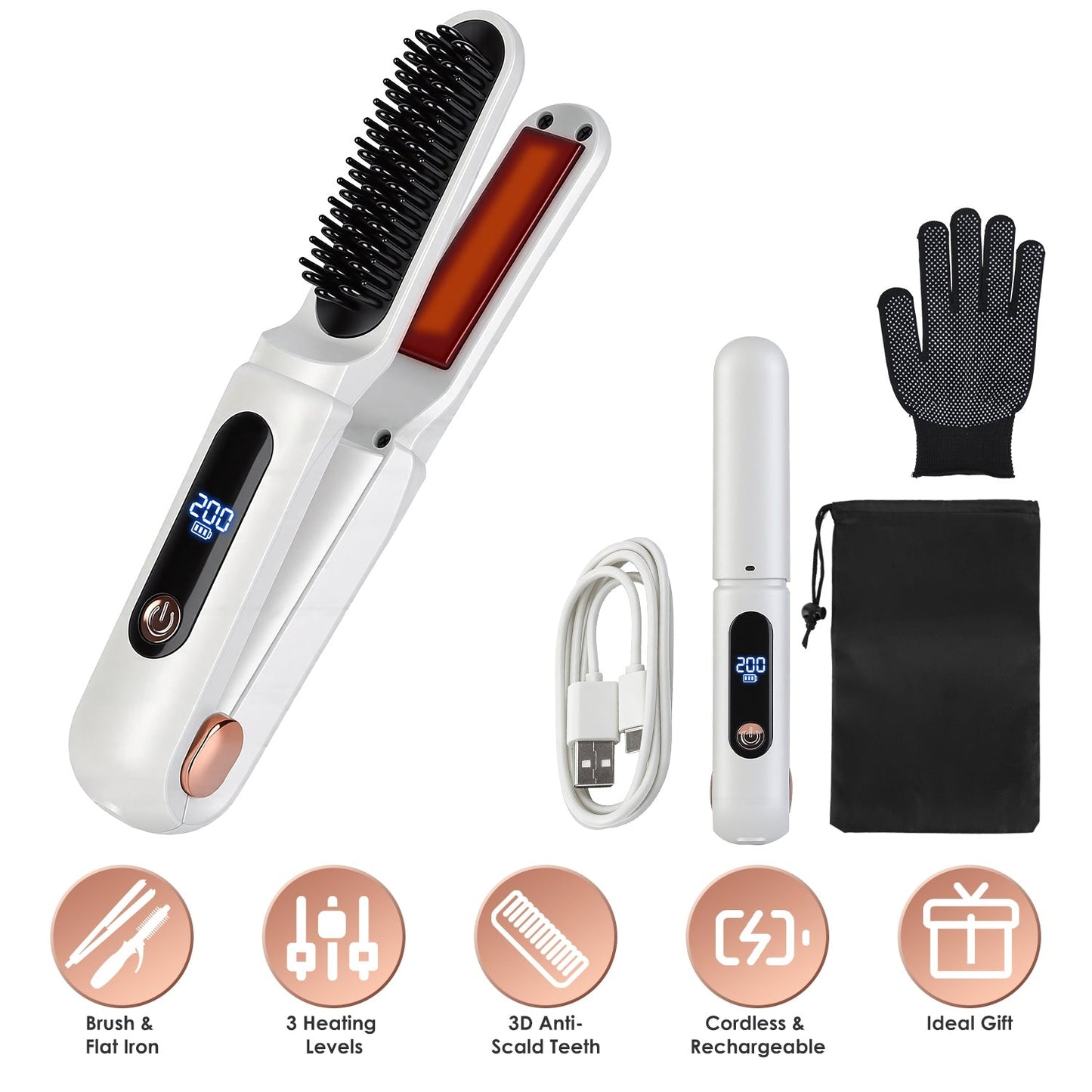 Cordless Hair Straightener Brush 2-in-1 Ceramic Flat Iron