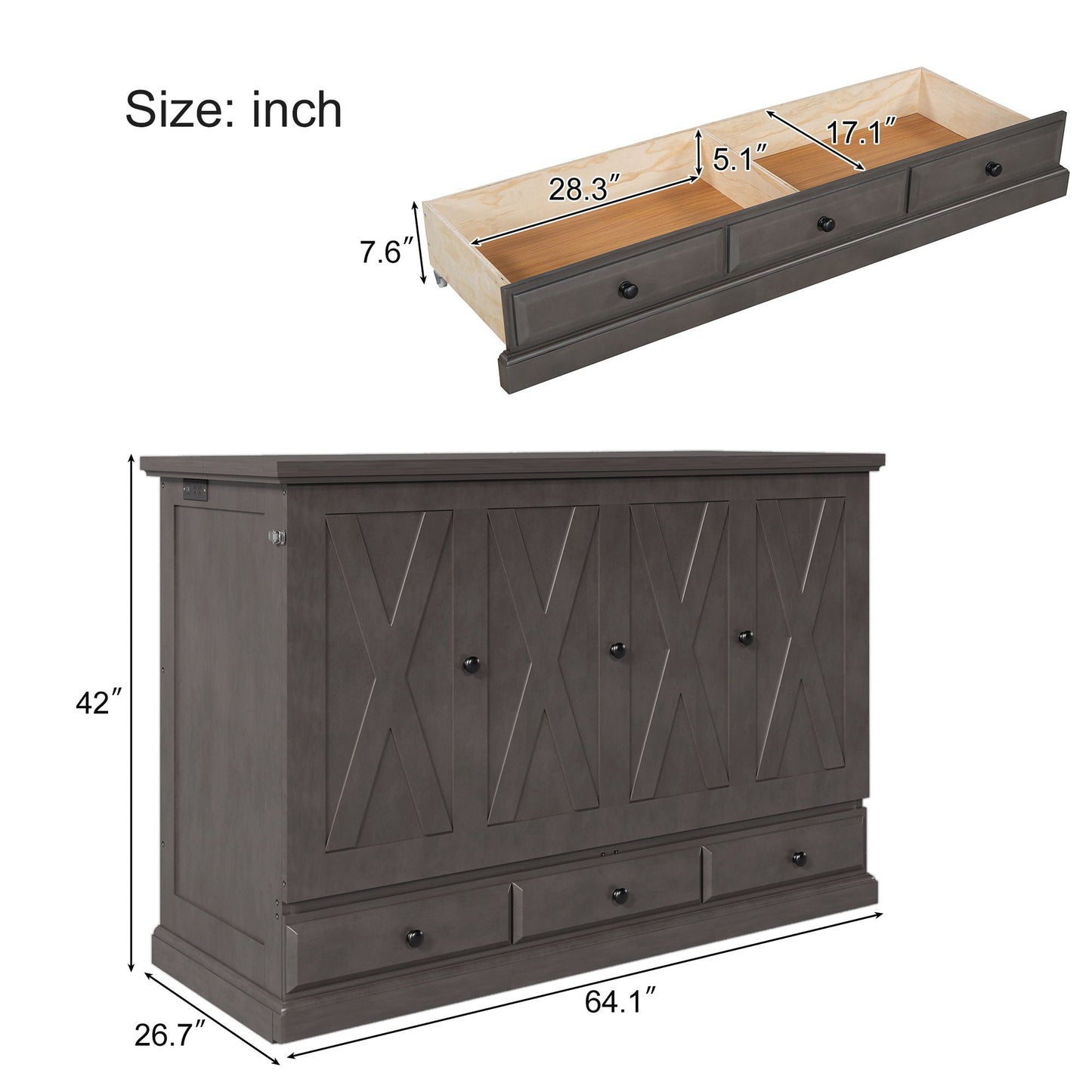 Murphy Bed Chest Cube Cabinet With Charging Station And Large Storage Drawer