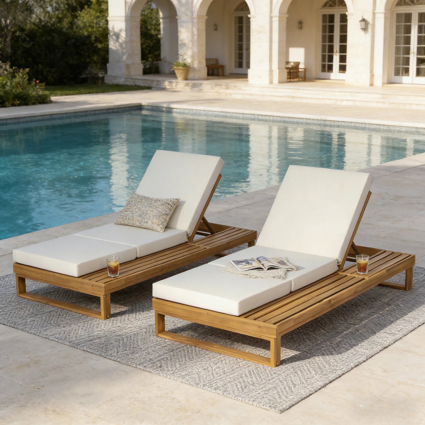 Teak Finish Acacia Wood Chaise Lounge with 4-Inch Cushion