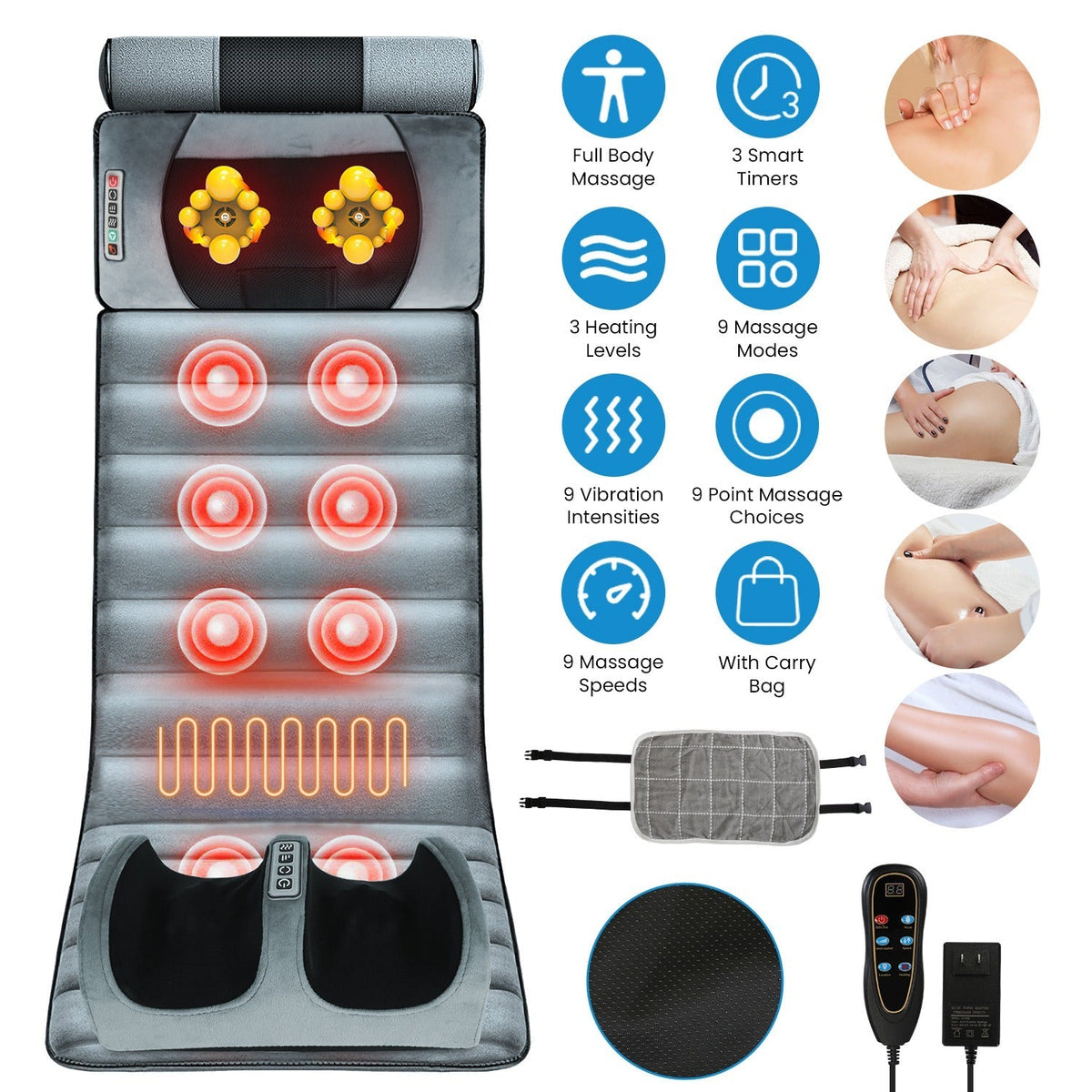 Full Body Electric Massage Mat Heating Vibration Massage Pad Cushion Back Massage Mattress Chair Pad with Neck Foot Massage Head Pillow and Cloth Lumb