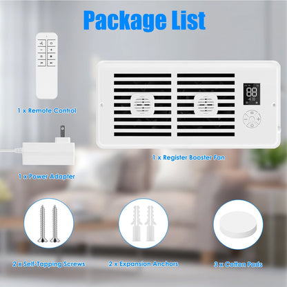 Register Booster Fan Smart AC Vent Booster Fan Fits 4" x 10" Register Holes with 3 Modes 10 Speeds 2H/4H Timer LCD Screen 2 Scent Diffuser Slots Remot
