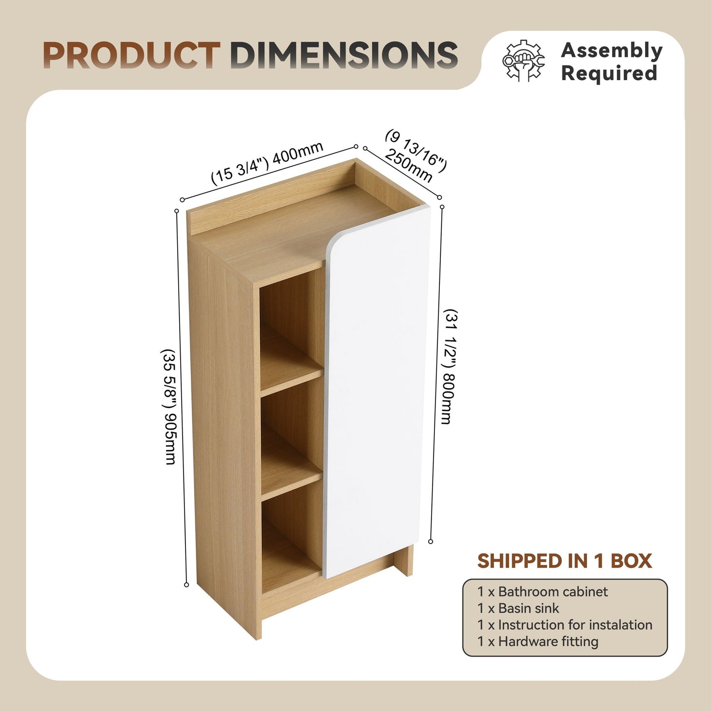 Freestanding Bathroom Side Cabinet, Narrow Storage Cabinet With Single Door & 3 Tier Open Shelves - Black / Light Oak / White