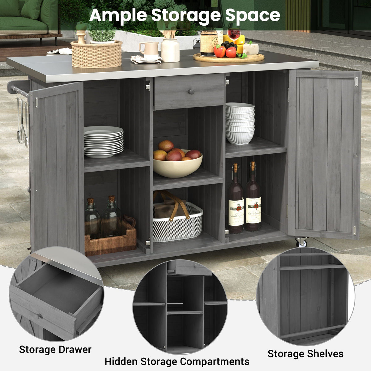 Outdoor Kitchen Island With Stainless Steel Top, Ample Storage Space, Towel And Spice Racks And A Bottle Opener