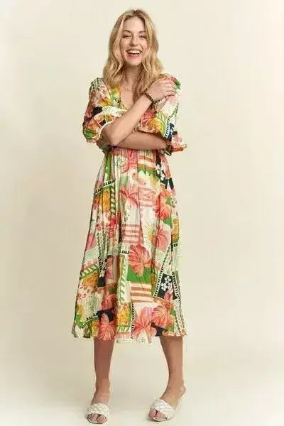 Floral V-Neck Puff Sleeve Summer Midi Dress – femstylo