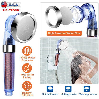 Ionic Filtration Shower Head High Pressure 3 Mode Stone Water Saving Bath Handheld Shower