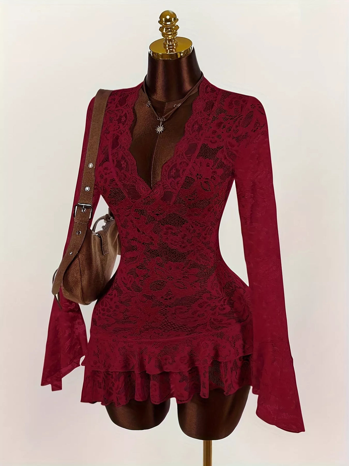 Lace V-Neck Long Sleeve Ruffled Blouse/Dress