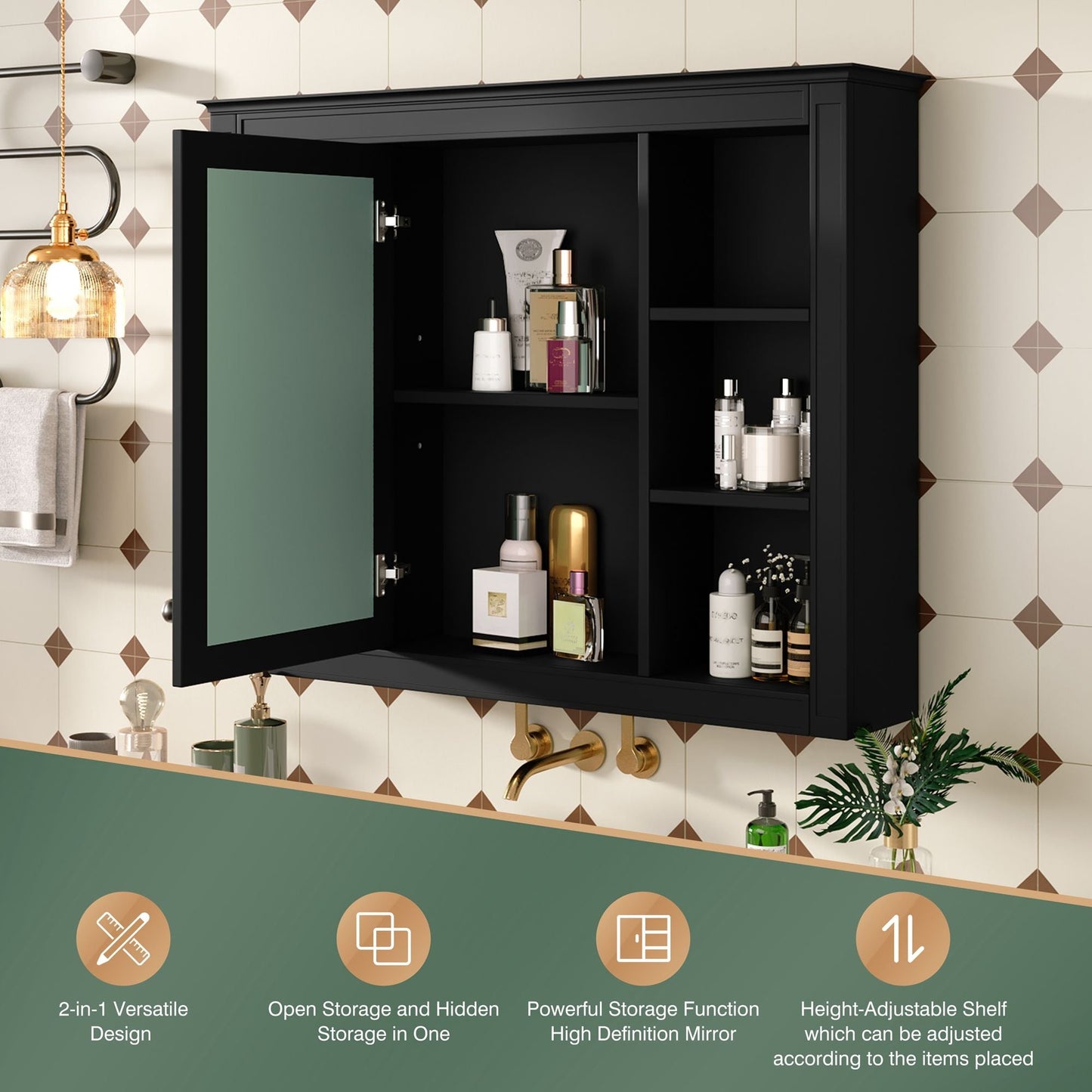 Wall Mounted Medicine Cabinet With Mirror, Storage Cabinet Featuring 6 Open Shelves And Adjustable Interior