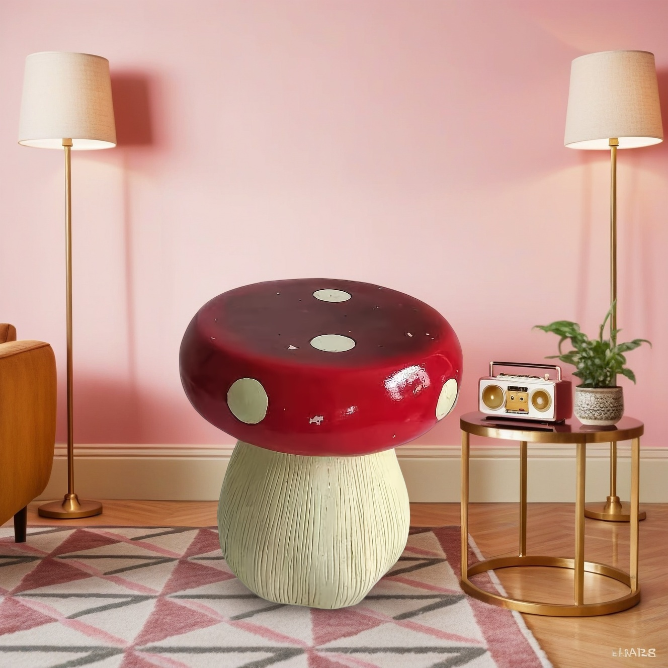 13.8" Oversized Mushroom Statue Stool with Forest Base