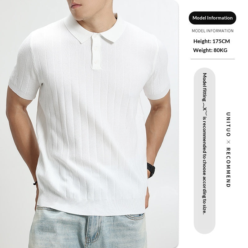 Mens Light-Luxury Rib-Knit Polo Shirt