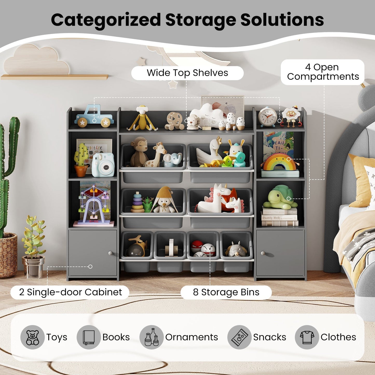 56 inch Large Toy Storage Organizer with 8 Removable Bins and Bookshelf