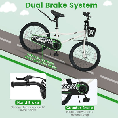 20 Inch Kids Bike Adjustable with Kickstand and Storage Basket for Aged 8+ Years