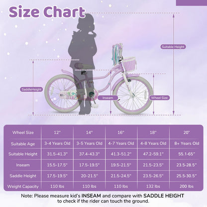 Kids Bike 12-20 Inch with Training Wheels & Basket Purple