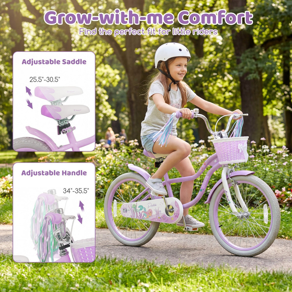 Kids Bike 12-20 Inch with Training Wheels & Basket Purple