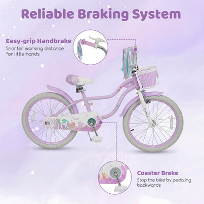 Kids Bike 12-20 Inch with Training Wheels & Basket Purple