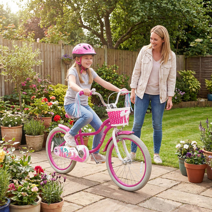 Kids Bike 18-Inch with Training Wheels and Basket Rose Red