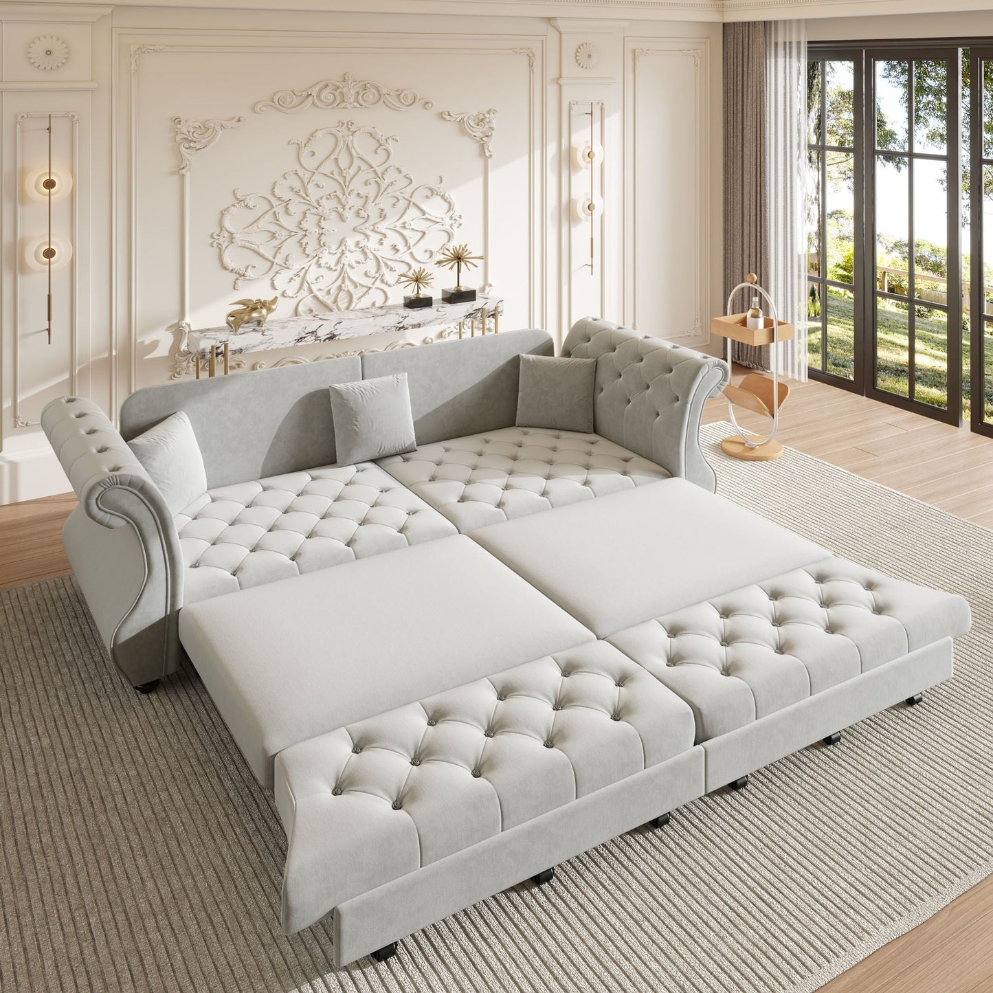 Oversized Chesterfield Pull Out Sofa Bed, Roll Arm Couch With Flower Tufting For Living Room