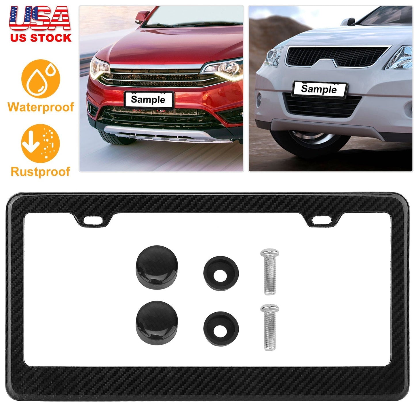 License Plate Frame Rustproof Waterproof Carbon Fiber Black License Plate Frame 2 Holes w/ Bolts Washer Caps for USA/Canada Standard