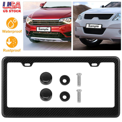 License Plate Frame Rustproof Waterproof Carbon Fiber Black License Plate Frame 2 Holes w/ Bolts Washer Caps for USA/Canada Standard