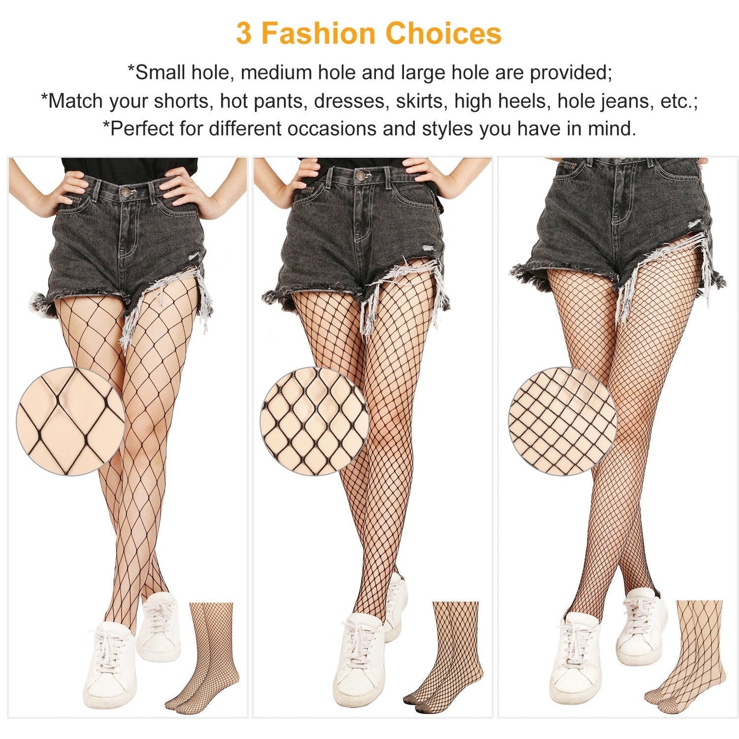 Women Fishnet Tights Sexy High Waist Fishnet Pantyhose Stretchy Mesh Hollow Out Tights Stockings w/ Small Medium Large Hole Choices