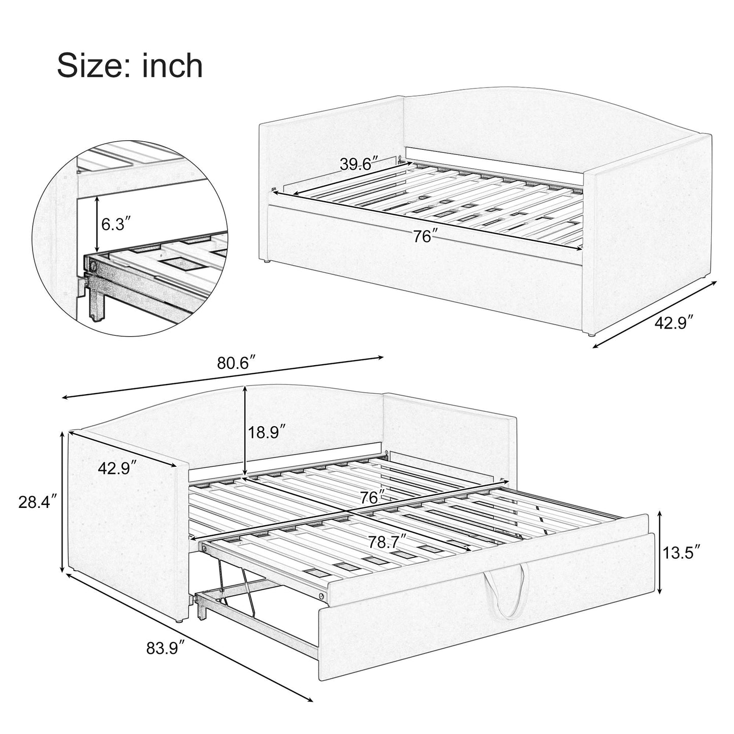Daybed With Pop Up Trundle, Upholstered Sofa Bed