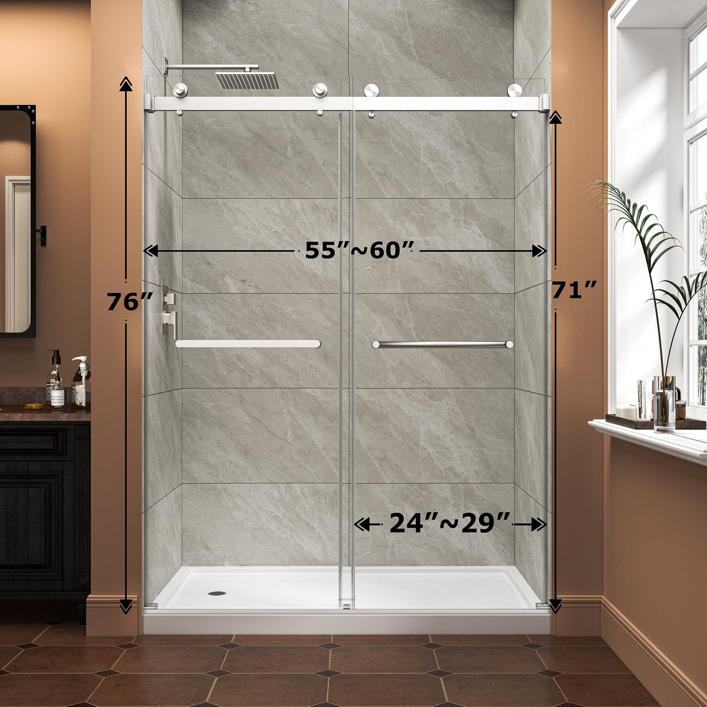 55"-60" W x 76" H Brushed Nickel Reversible Frameless Sliding Shower Door