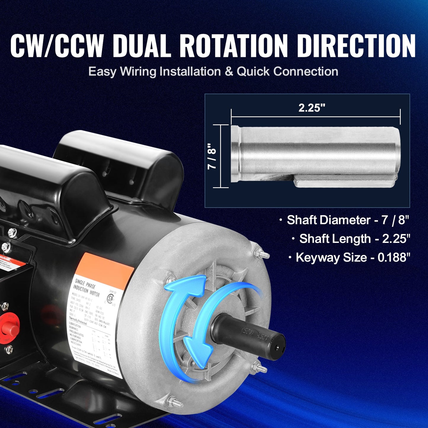 2HP Electric Motor 1725 RPM AC 115V/230V with Dual Rotation