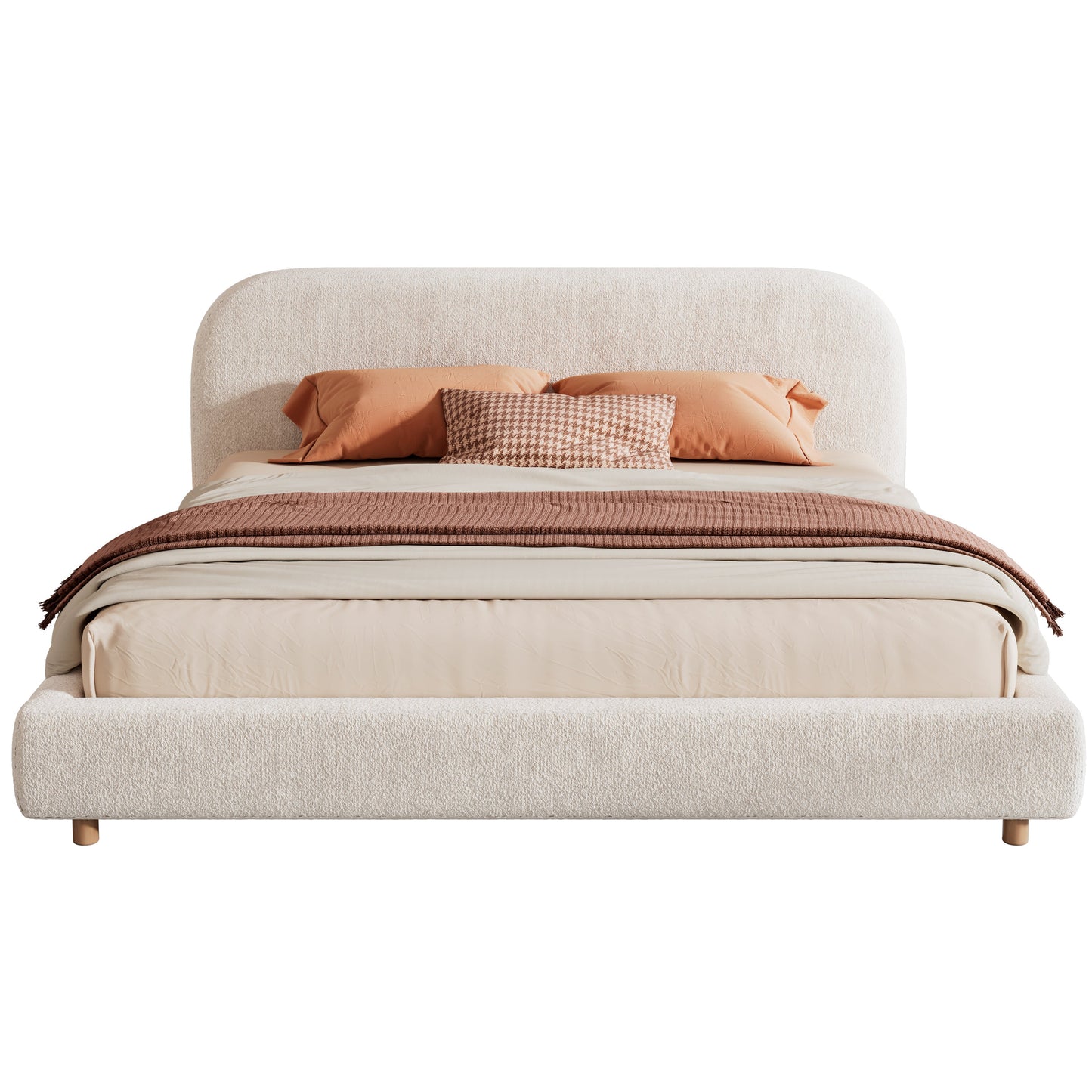 California King Size Upholstered Bed with Boucle Fabric and Curved Headboard